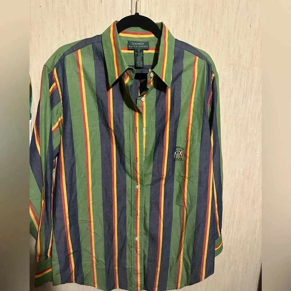 Vtg 12 Lauren Ralph Lauren Flag Logo Striped Multi Color Button Up Shirt Womens